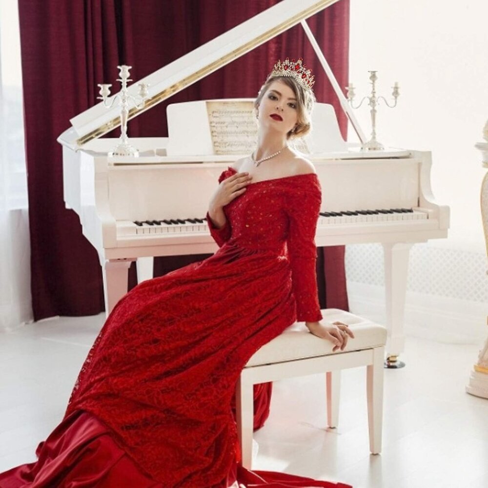 Red Crystal Crown for Women Girls Bridal Party Vintage Tiara Elegant Gift - Picture 6 of 9